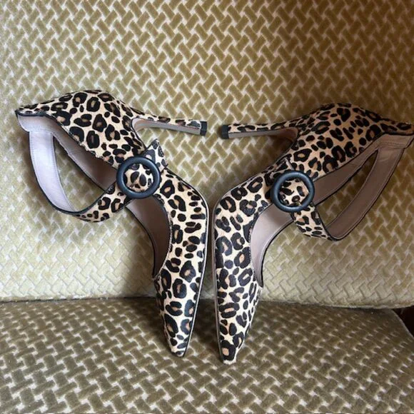 Sam Edelman Nude Leopard Print Cow Fur Hinda Jewel Buckle Strap Pumps NEW - Picture 4 of 16